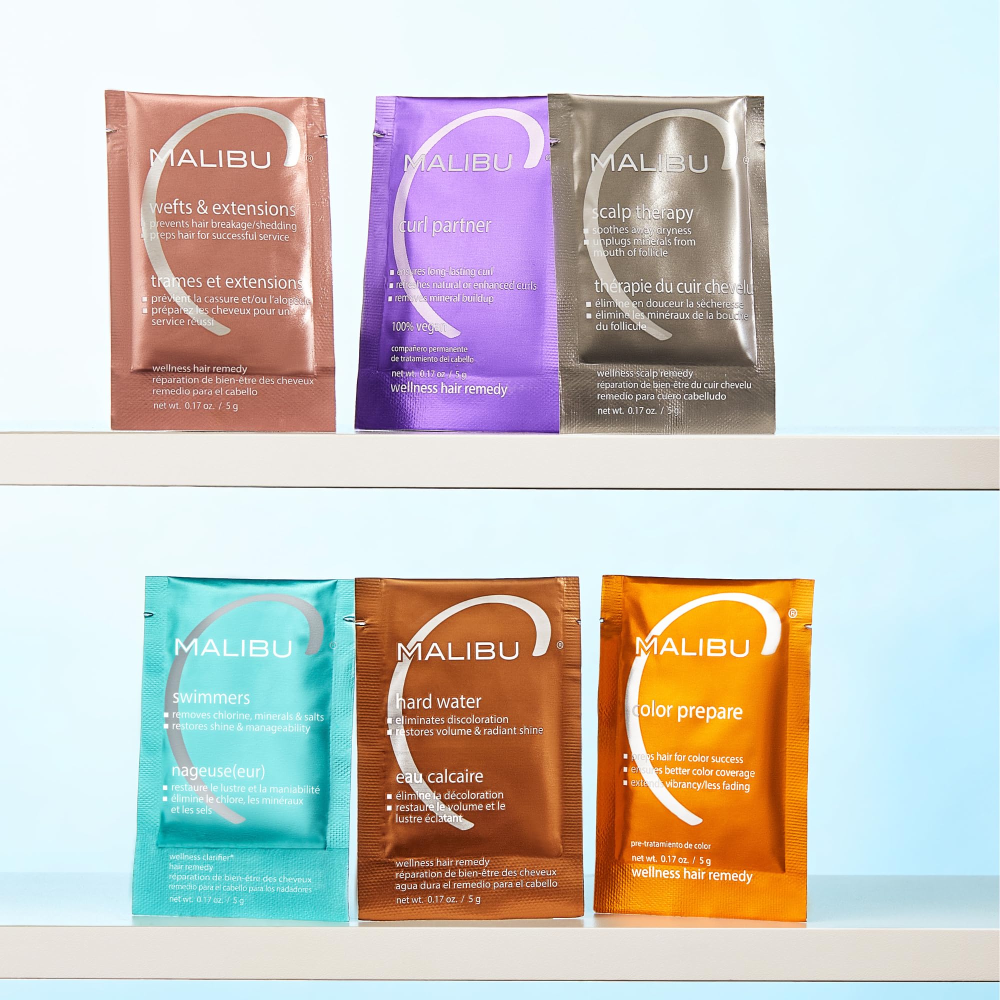 Malibu C Hard Water Wellness Remedy clarifying shampoo scene highlights lightweight cleanse for mineral buildup.