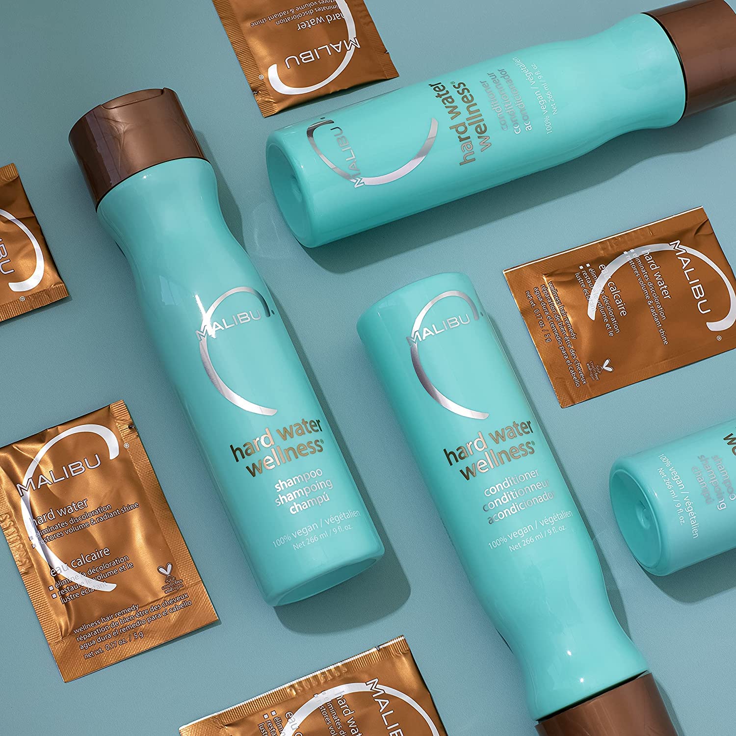 Malibu C Hard Water Wellness Shampoo bathroom setup signals easy weekly routine.