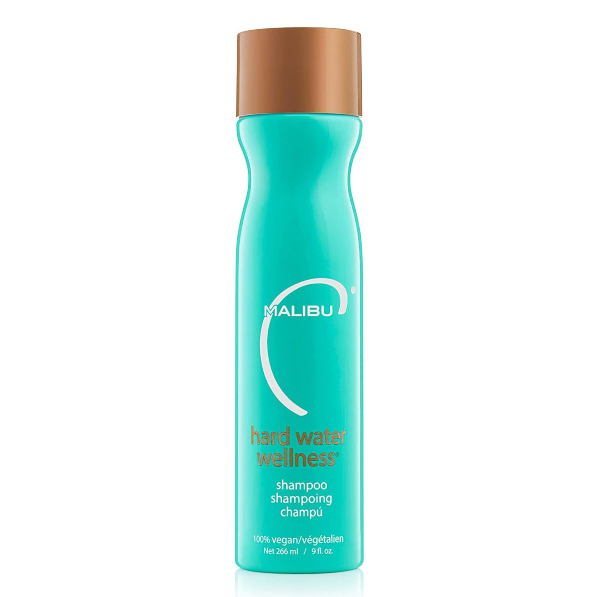 Malibu C Hard Water Wellness Shampoo bottle closeup shows mineral removal and hydration.
