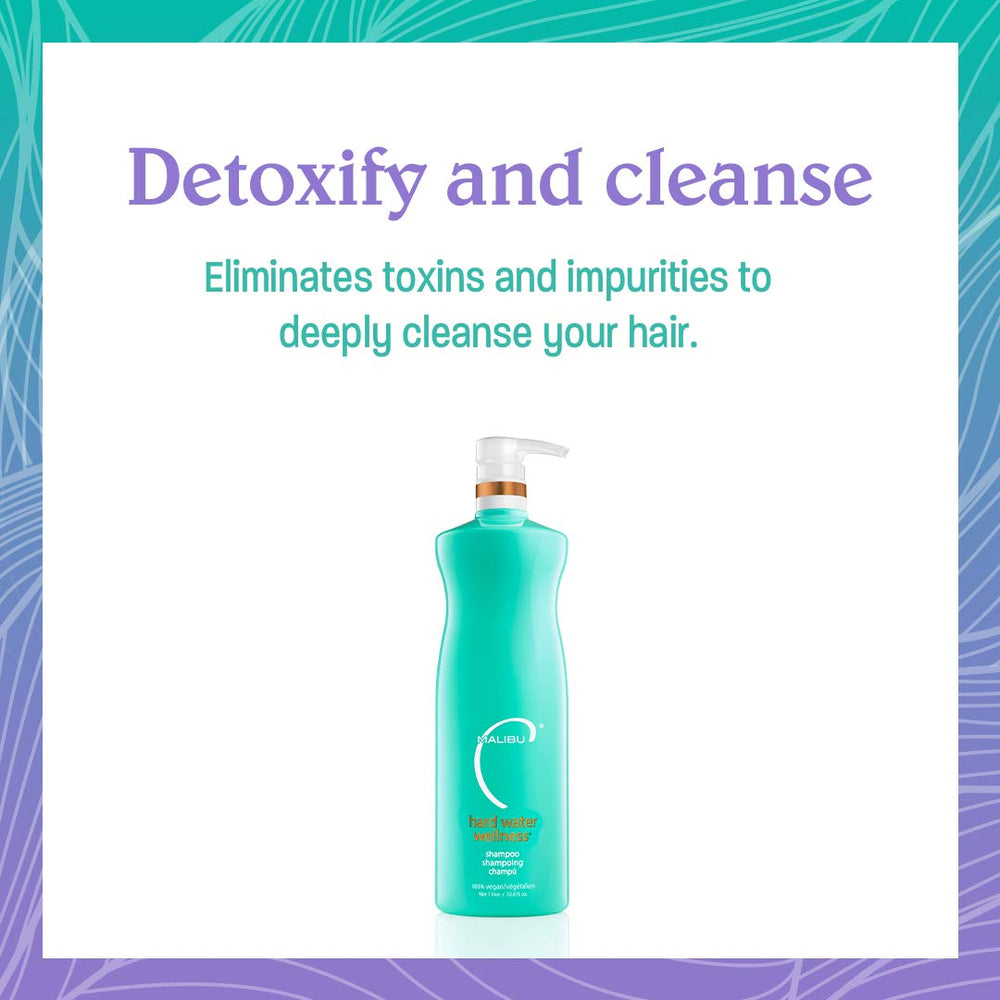 Malibu C Hard Water Wellness Shampoo mineral removal closeup highlights mineral shield for hydration