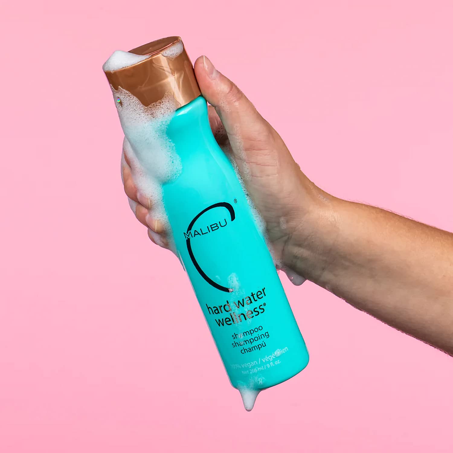 Malibu C Hard Water Wellness Shampoo packaging highlights vegan, sulfate-free formula.