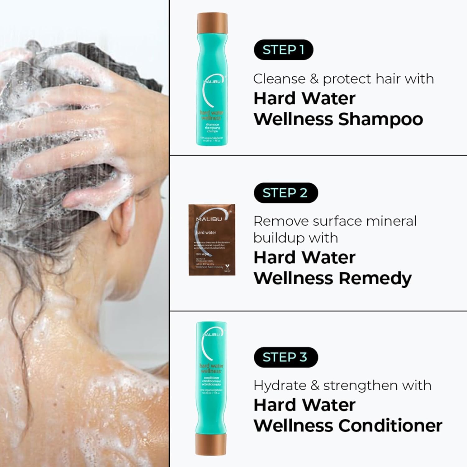 Malibu C Hard Water Wellness Shampoo rinse scene showcases mineral removal.