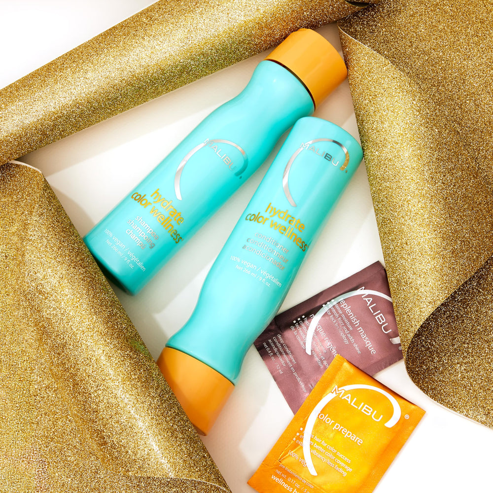 Malibu C Hydrate vegan formula and eco-friendly packaging highlighted.