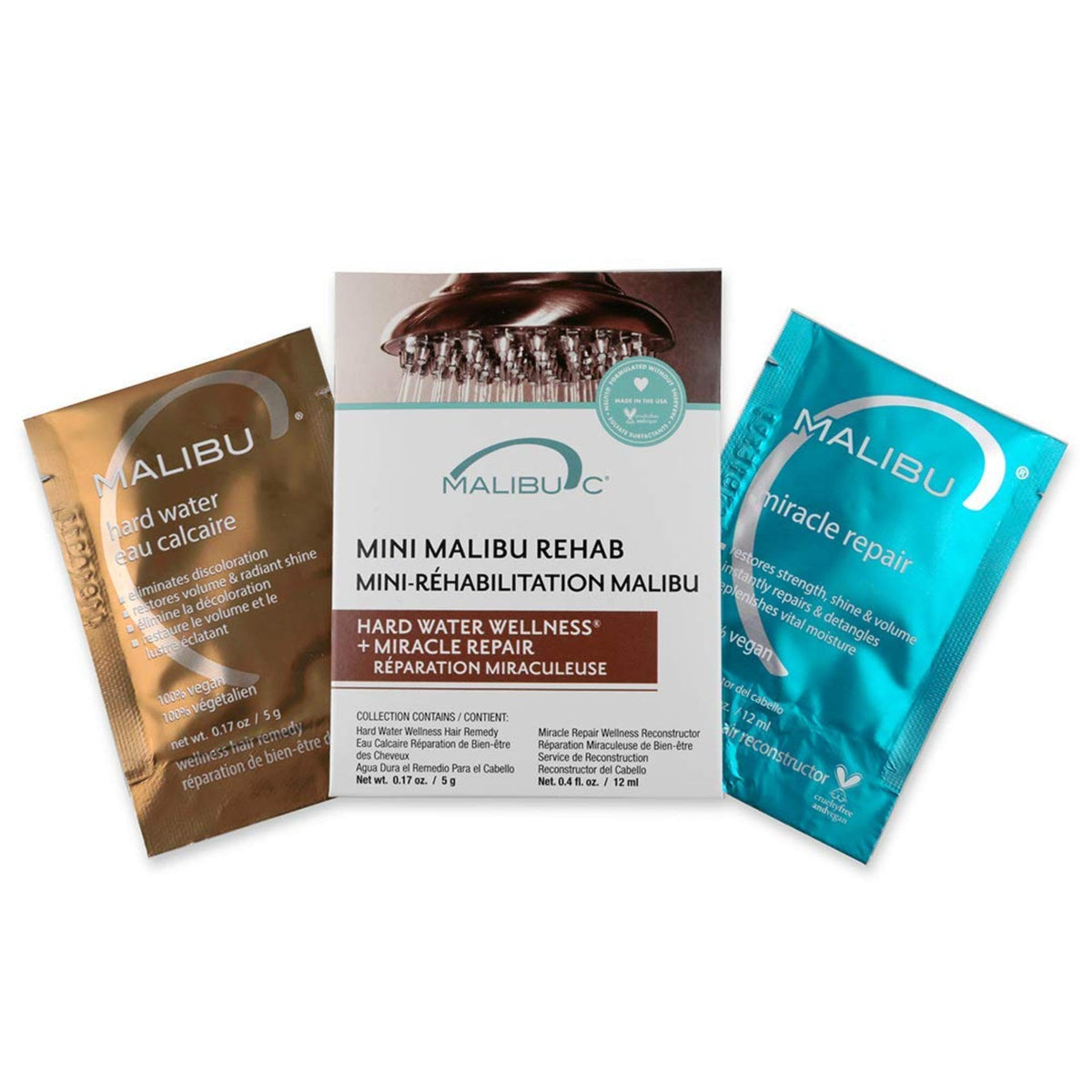 Malibu C mini Malibu Rehab kit front view for at-home hair restoration.
