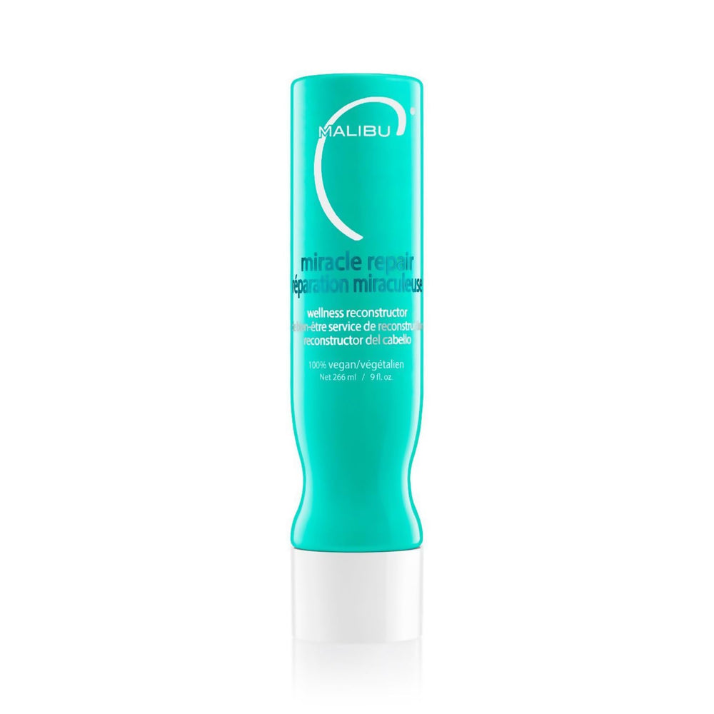 Malibu C Miracle Repair Hair Reconstructor bottle highlights the hydrating formula for damaged hair