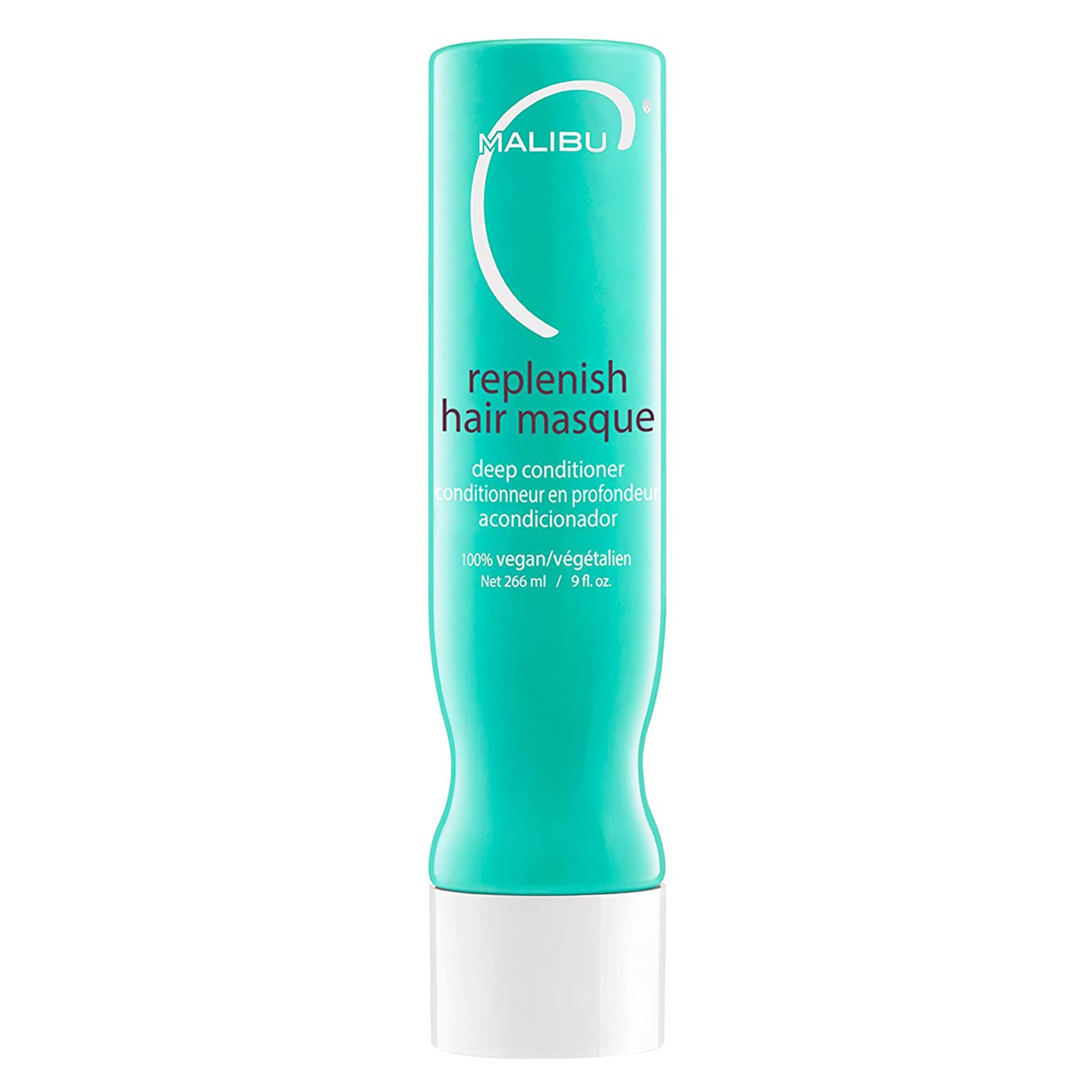 Malibu C Replenish Hair Masque bottle demonstrates ultra-hydration for color-treated hair.