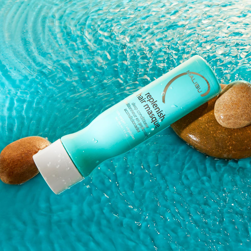 Malibu C Replenish Hair Masque overnight-use scene hints at deep-damage repair potential.