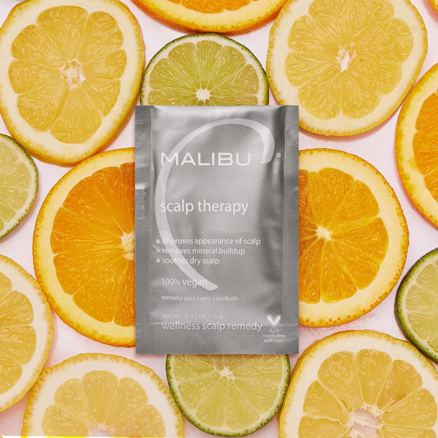 Close-up of Malibu C Scalp Therapy crystals ready to dissolve for scalp care