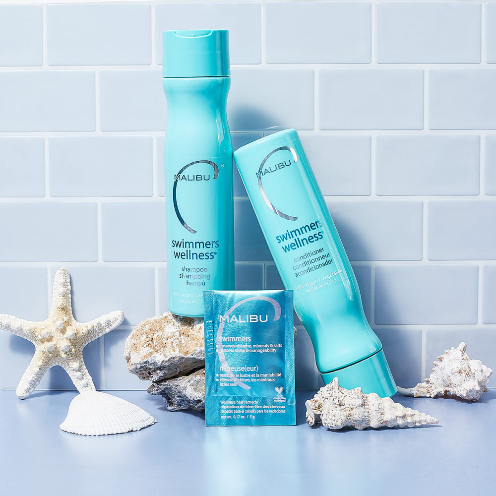 Malibu C Swimmers Hair softness and shine after treatment with vegan formula.