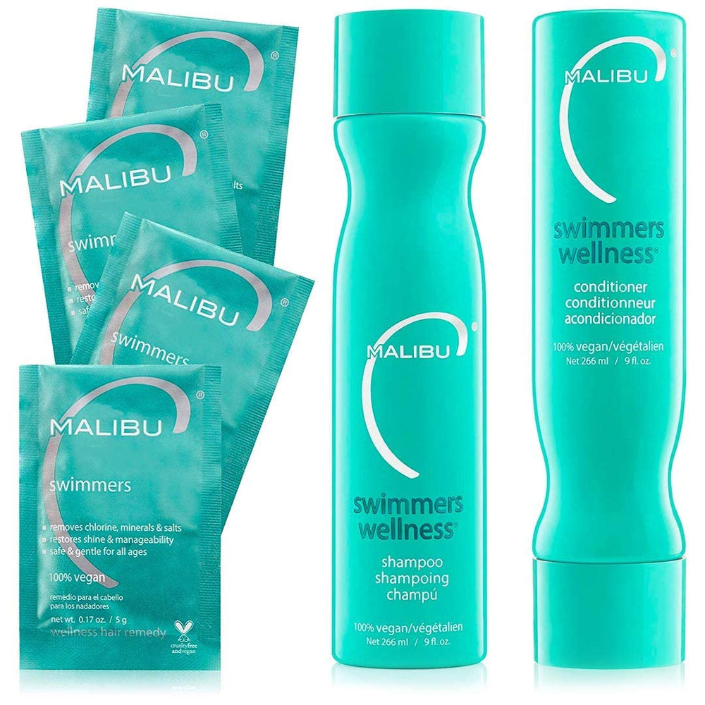 Malibu C Swimmers shampoo bottle illustrates chlorine removal for refreshed hair.