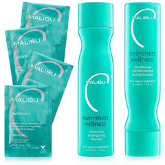 Malibu C Swimmers shampoo bottle illustrates chlorine removal for refreshed hair.