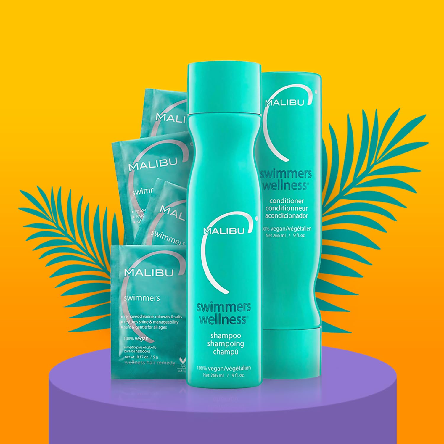 Malibu C Swimmers summer essentials kit box shows all-in-one pool-care for families.