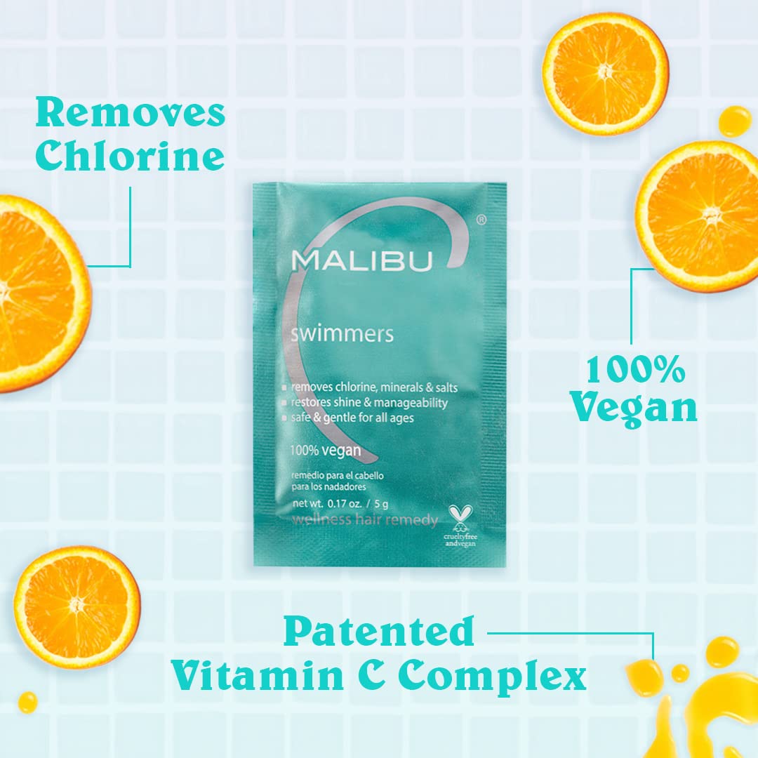 Malibu C Swimmers Wellness remedy packets close-up showcasing travel-friendly packaging