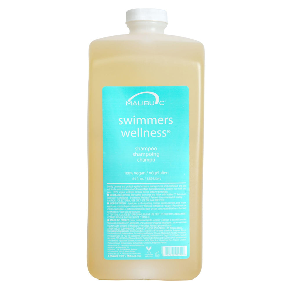 Malibu C Swimmers Wellness Shampoo bottle front showcases chlorine protection for swimmers.
