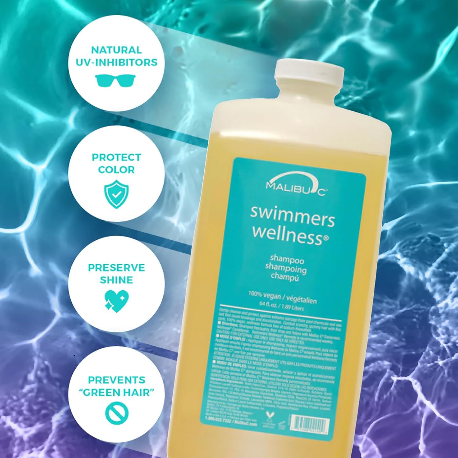 Malibu C Swimmers Wellness Shampoo ingredients graphic emphasizes plant-based conditioning components.