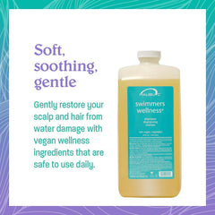 Malibu C Swimmers Wellness Shampoo label closeup highlights vegan, paraben-free formula.