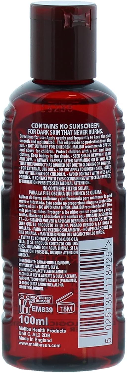 Malibu Sun Fast Tanning Oil application demonstrates quick, even coverage for beach days.
