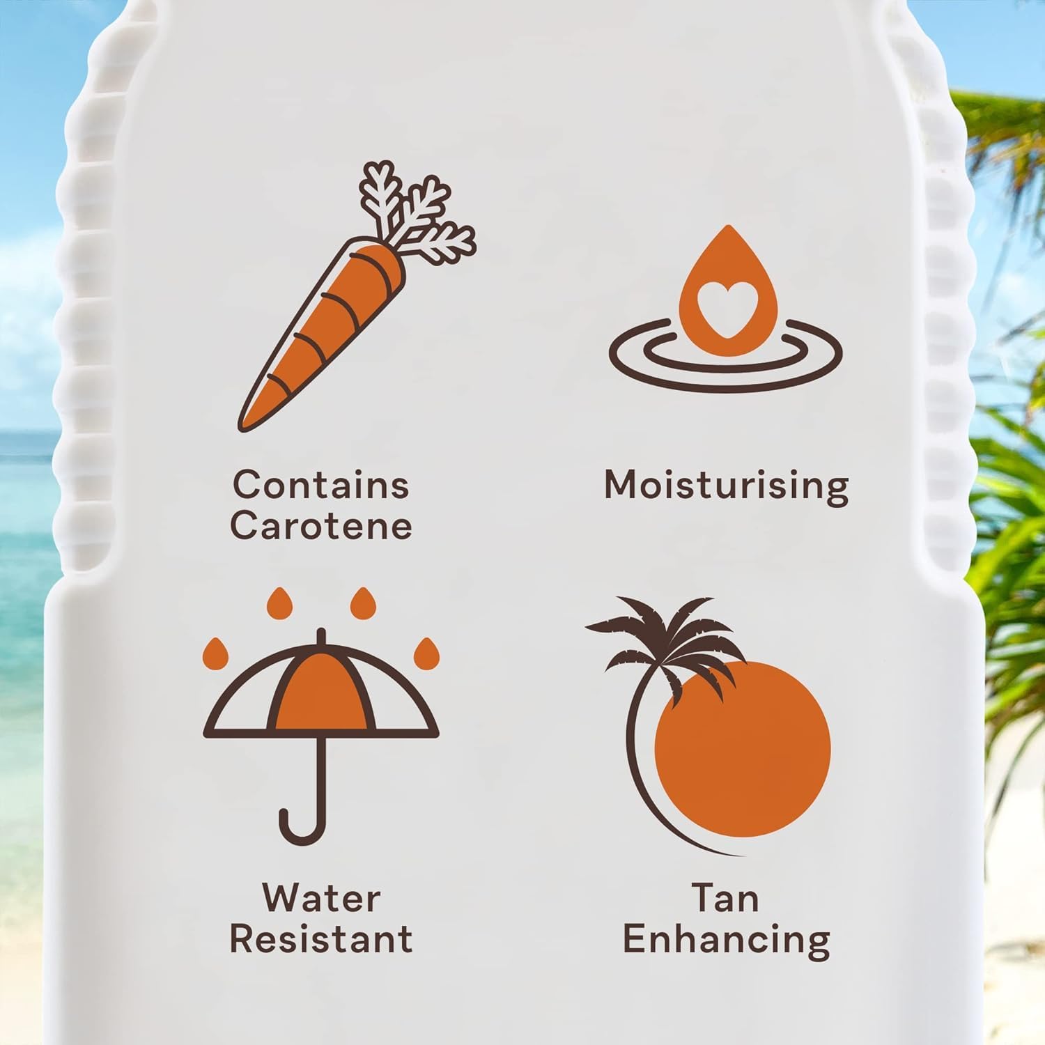 Malibu Sun Fast Tanning Oil on a sunny beach scene emphasizes hydration and glow.