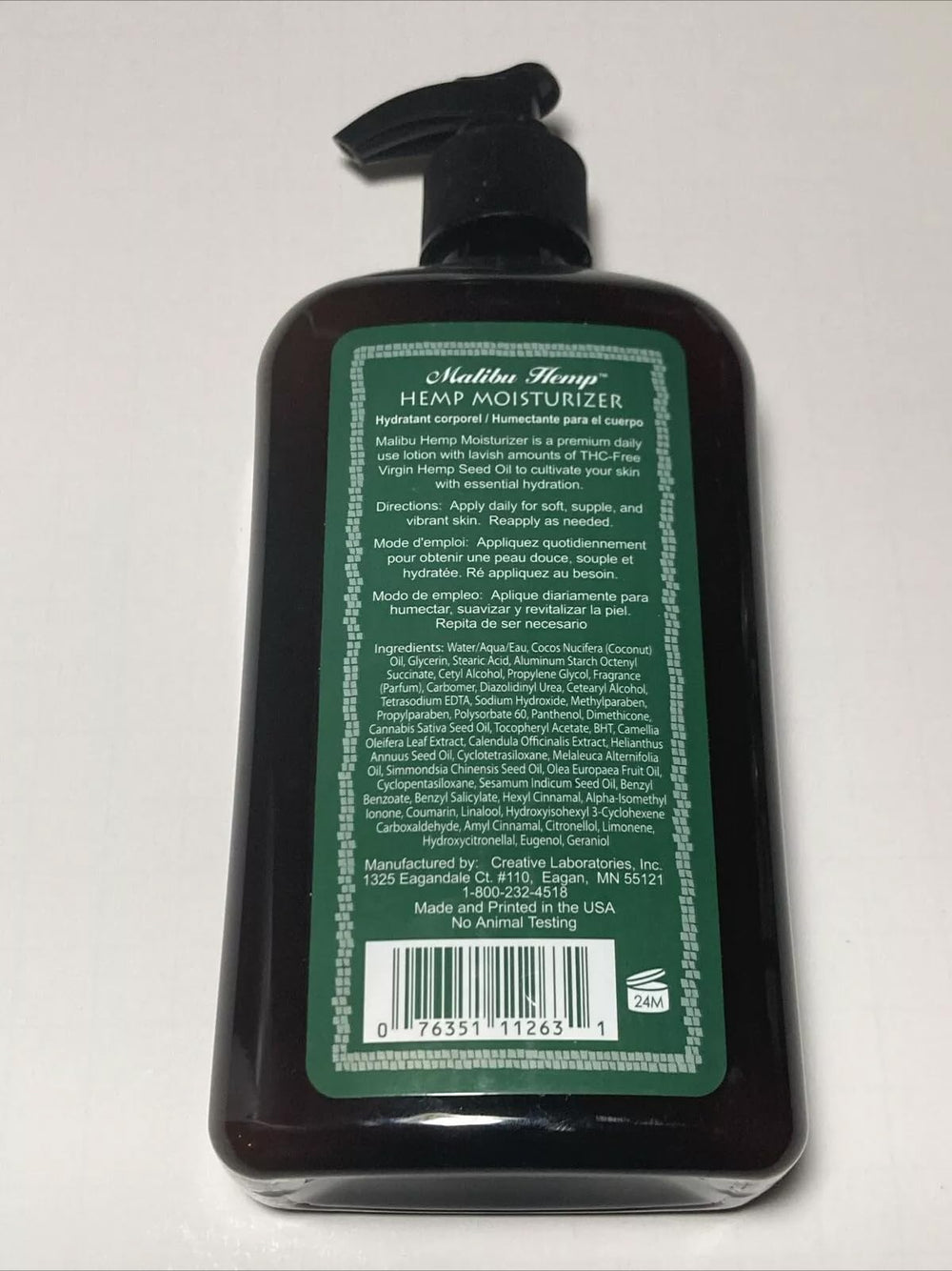 Malibu Tan Body Lotion hemp oil ingredient label highlights plant based moisture