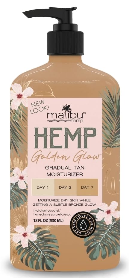 Malibu Tan Hemp Golden Glow application on forearm highlighting gradual bronzing and firming hints.