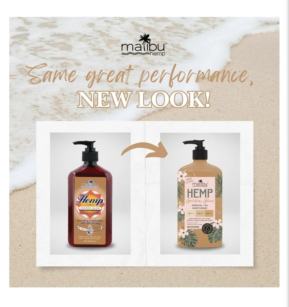 Malibu Tan Hemp Golden Glow bottle angled view for easy application and even coverage.