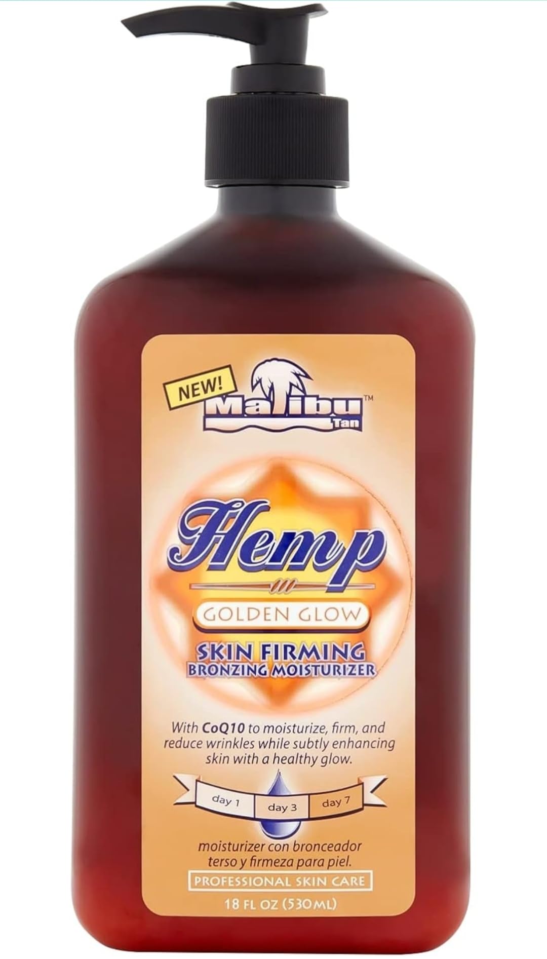 Malibu Tan Hemp Golden Glow lotion bottle side view shows buildable bronzing for medium-deep tones.