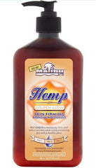 Malibu Tan Hemp Golden Glow lotion bottle side view shows buildable bronzing for medium-deep tones.