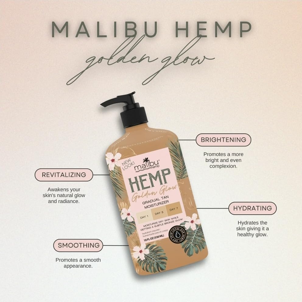 Malibu Tan Hemp Golden Glow packaging and bottle set communicates premium hemp-infused skincare.