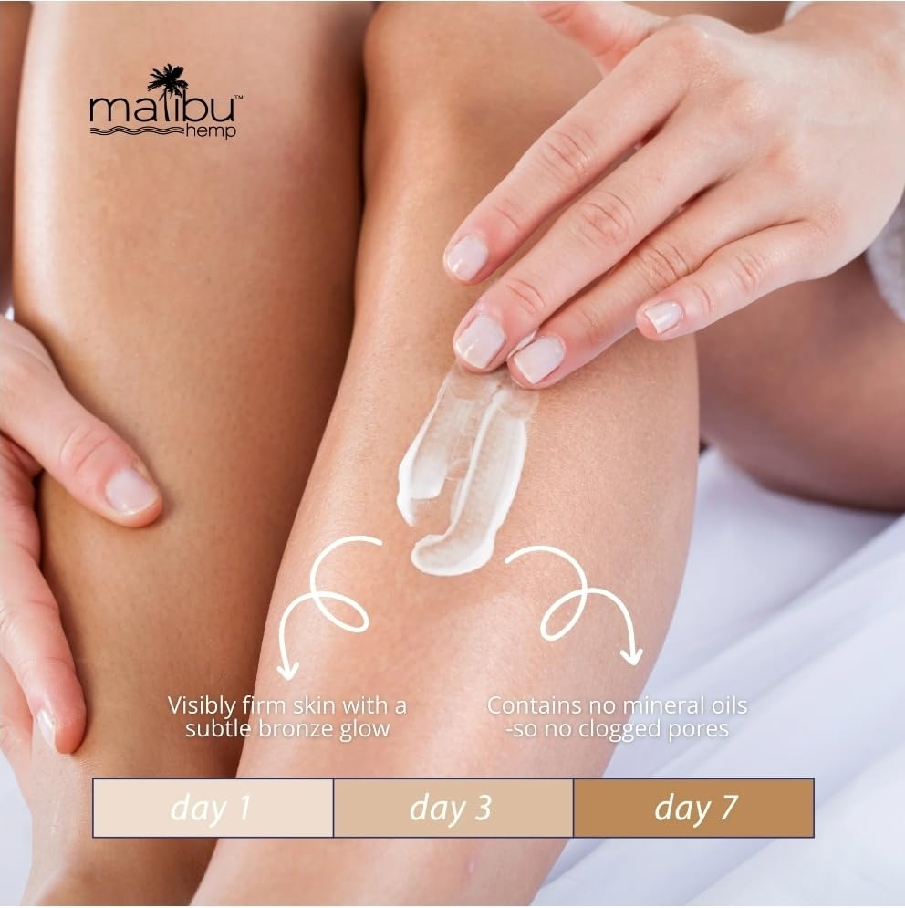 Malibu Tan Hemp Golden Glow lotion swirl close-up showing creamy texture for smooth skin feel.