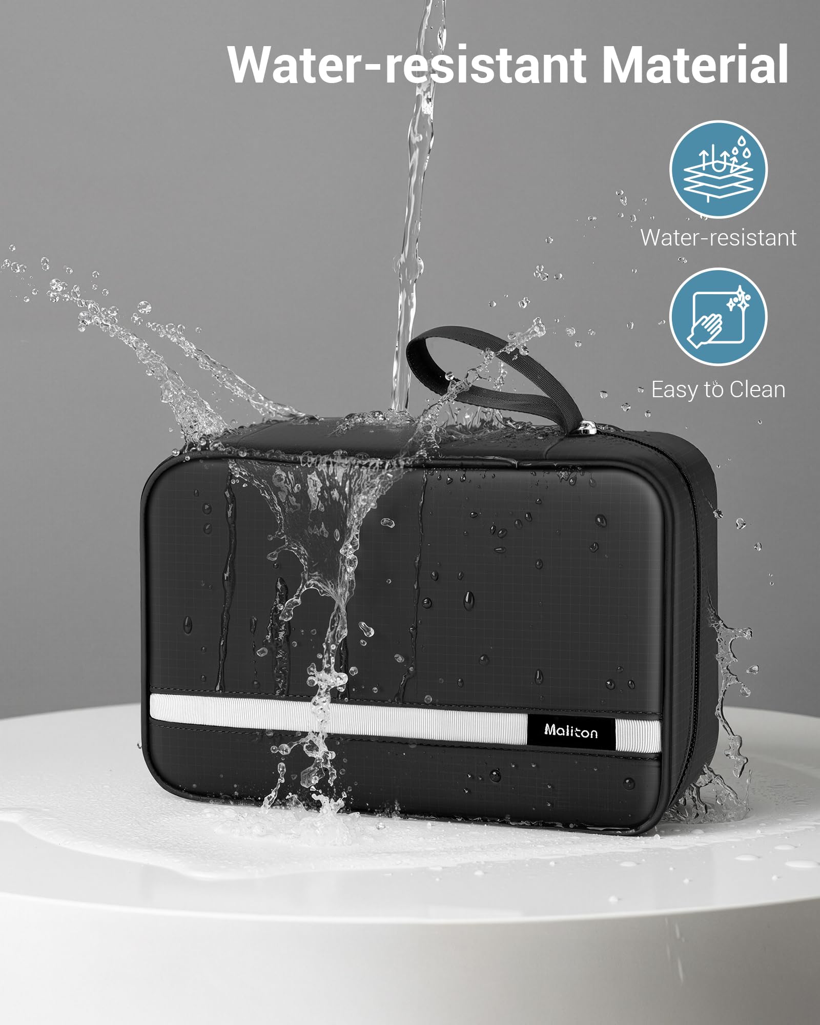 Maliton toiletry bag exterior side view showcases waterproof nylon and sturdy hardware.