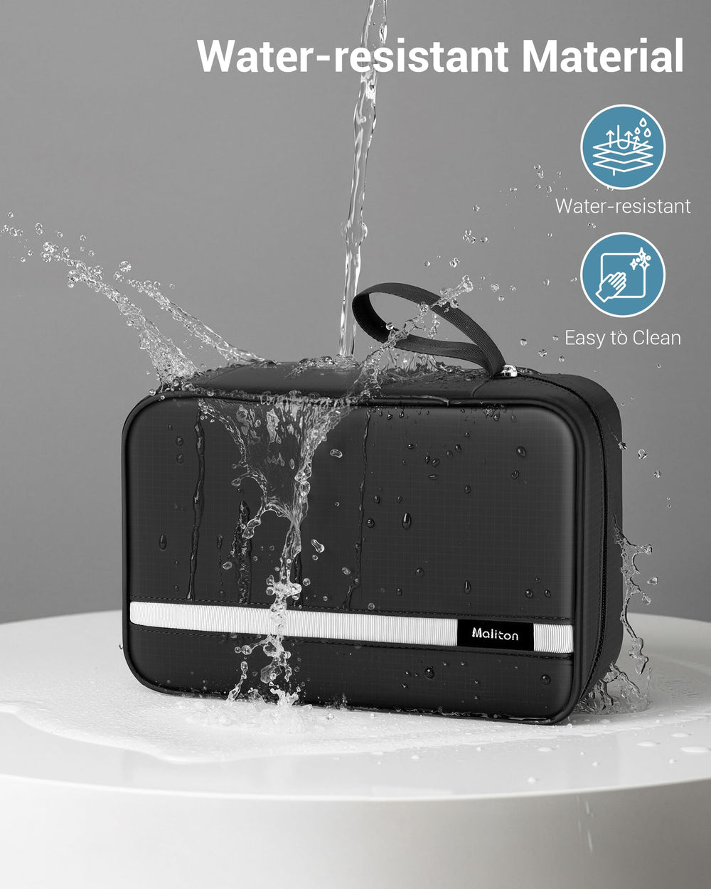 Maliton toiletry bag exterior side view showcases waterproof nylon and sturdy hardware.