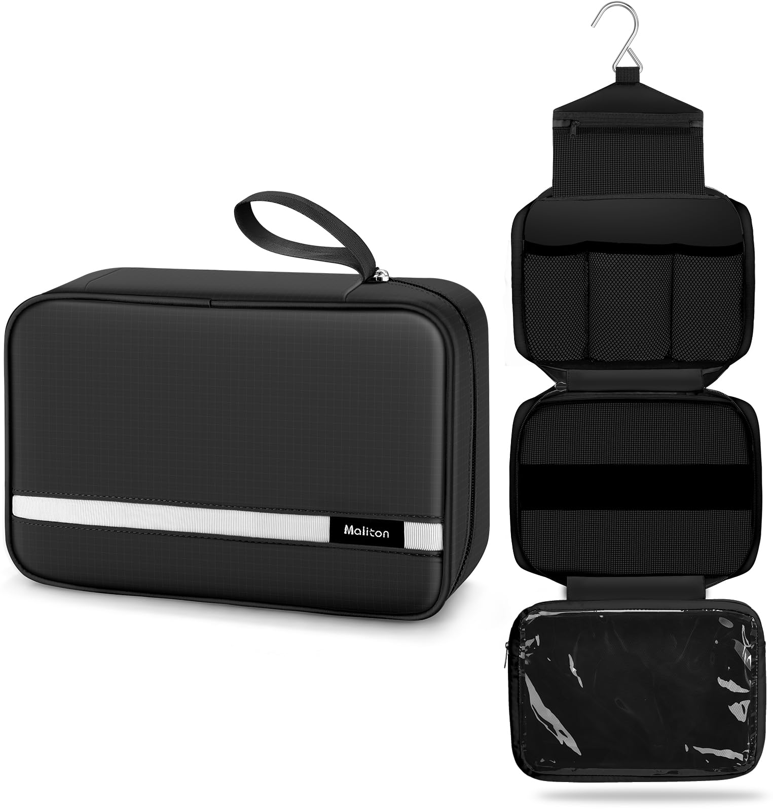 Maliton toiletry bag front view highlights compact travel-ready design for packing efficiency.