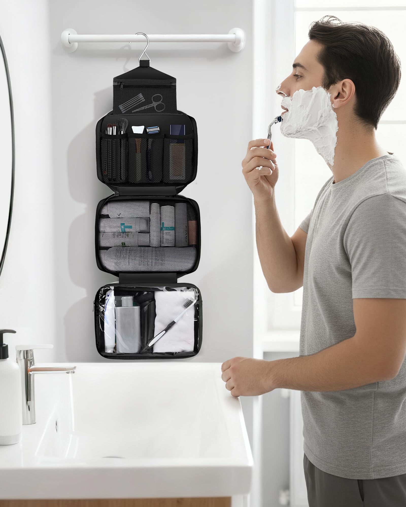 Maliton toiletry bag hanging setup shows convenient, hands-free access during hotel stays.