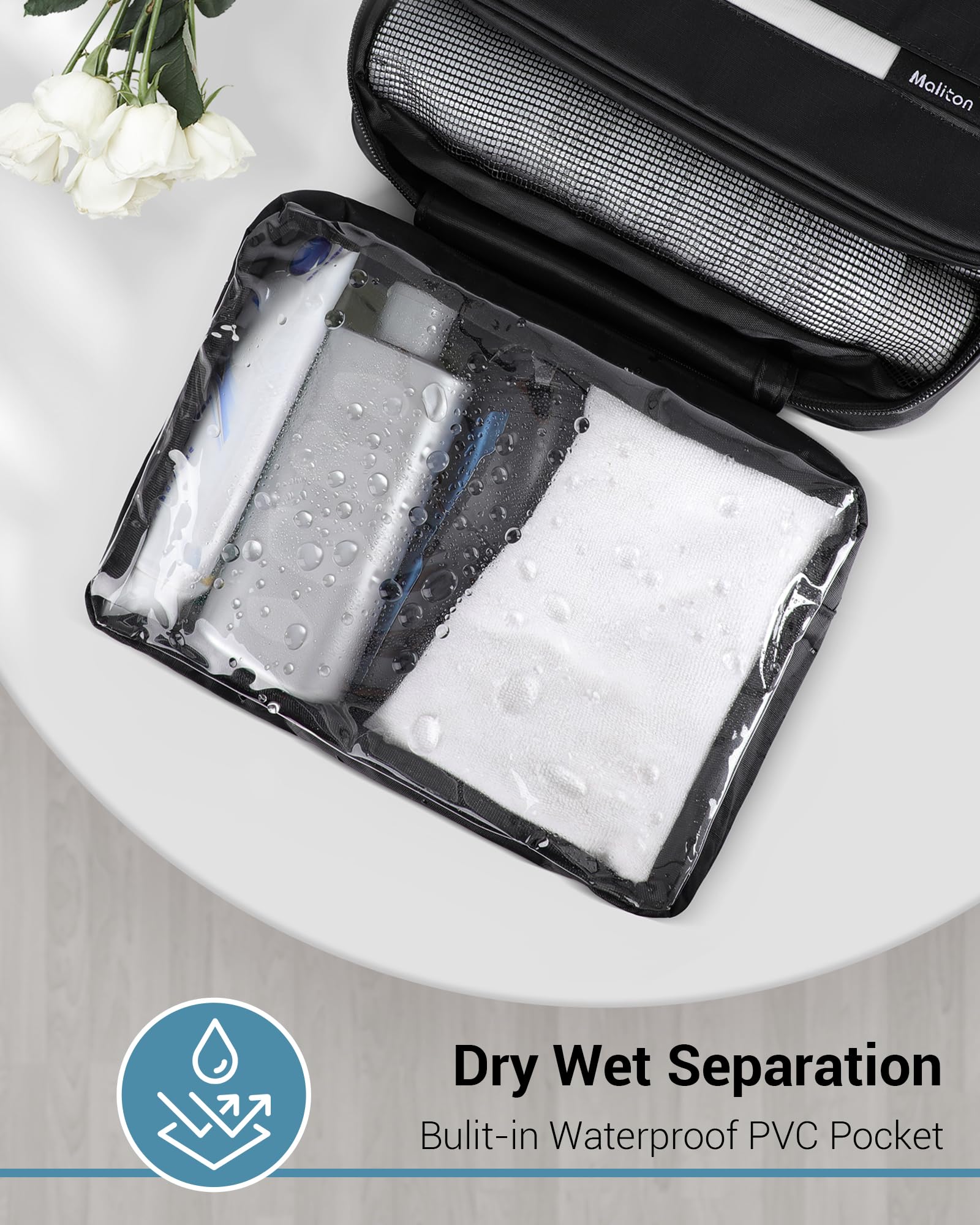 Maliton toiletry bag storage capacity shot emphasizes space for multiple bottles.