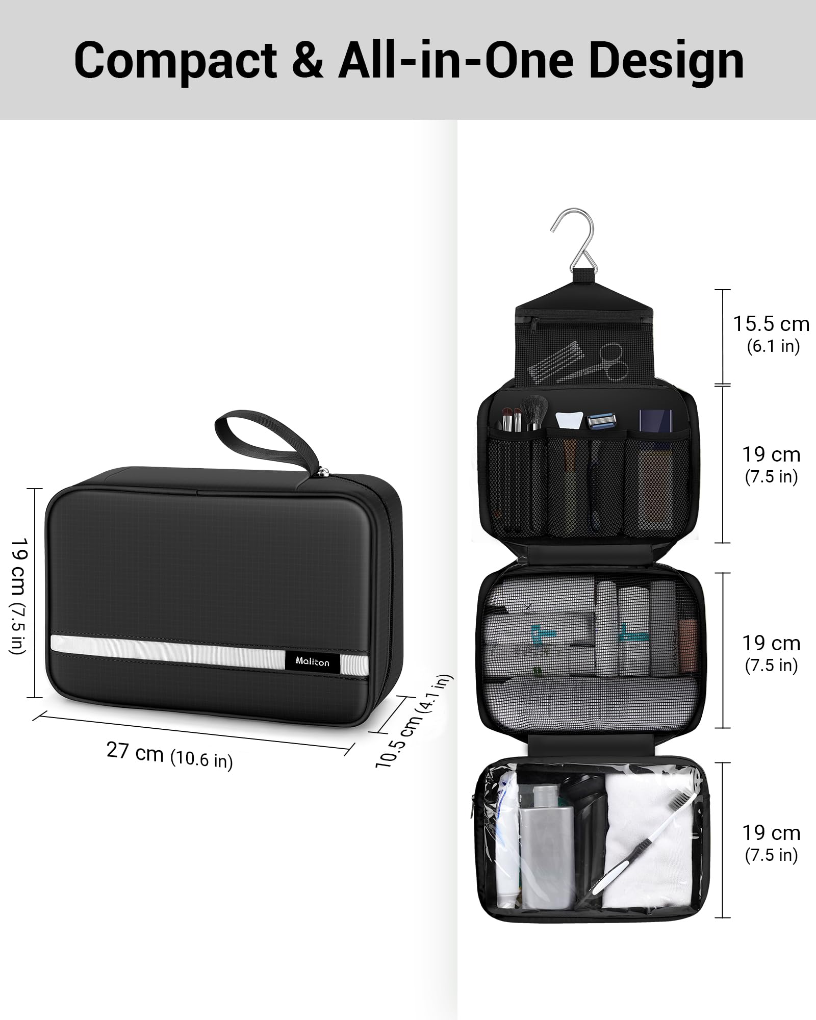 Maliton toiletry bag zipper detail signals durable, leak-preventive design for travel.