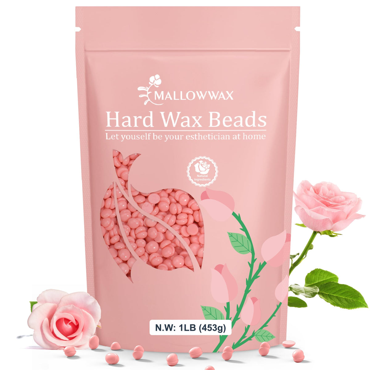 Mallowwax hard wax beads pink rose jar for gentle facial waxing