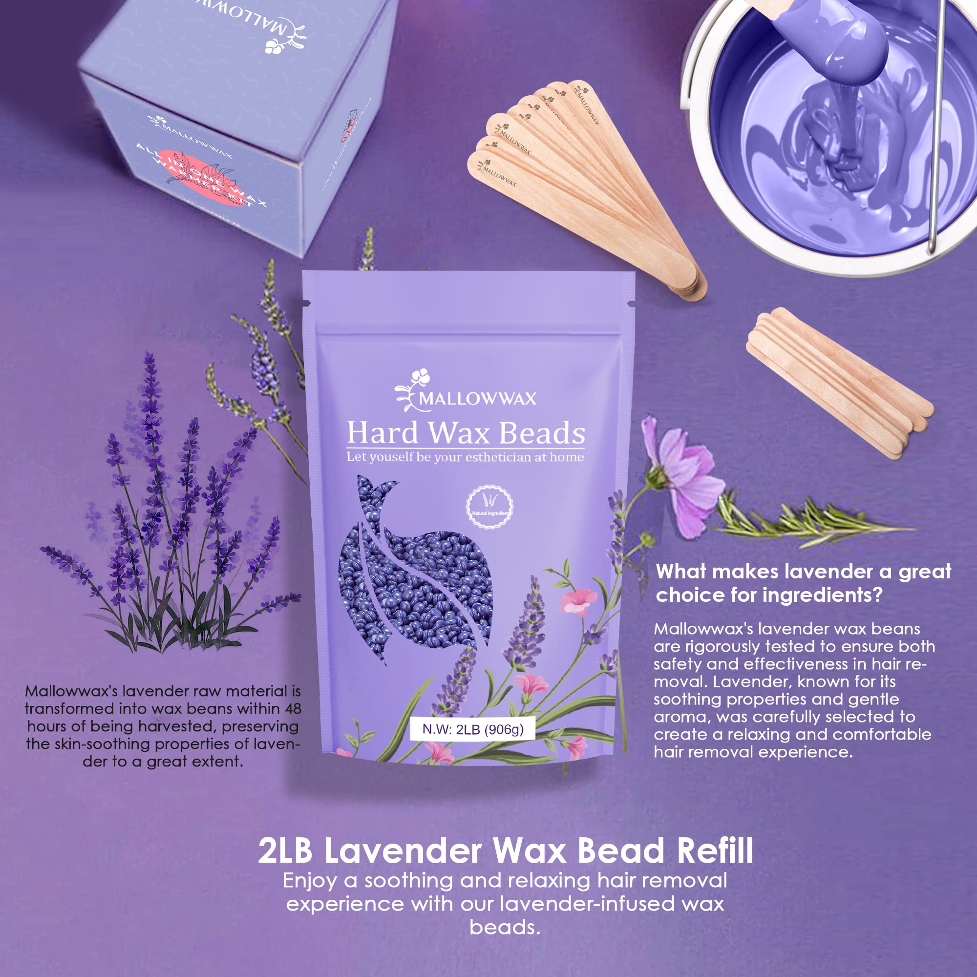 Mallowwax Lavender Wax Beads near bikini-area use highlighting sensitive-skin suitability.