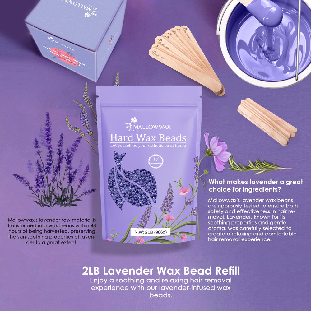 Mallowwax Lavender Wax Beads near bikini-area use highlighting sensitive-skin suitability.