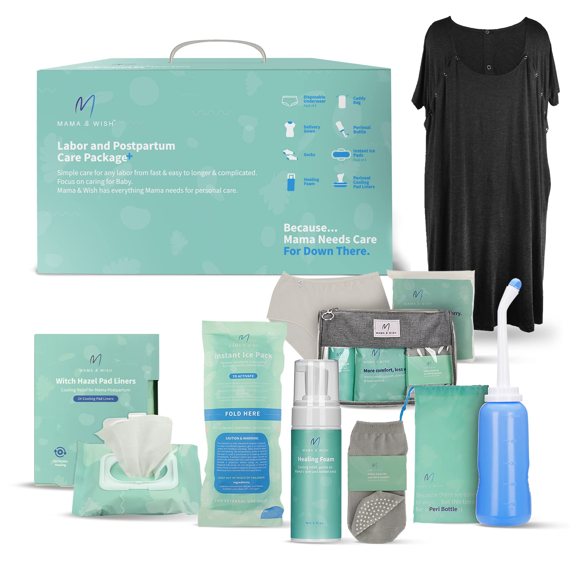 Mama & Wish postpartum-essentials-kit-gown shows a comfortable labor gown with breastfeeding-friendly snaps.
