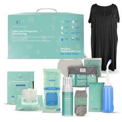 Mama & Wish postpartum-essentials-kit-gown shows a comfortable labor gown with breastfeeding-friendly snaps.