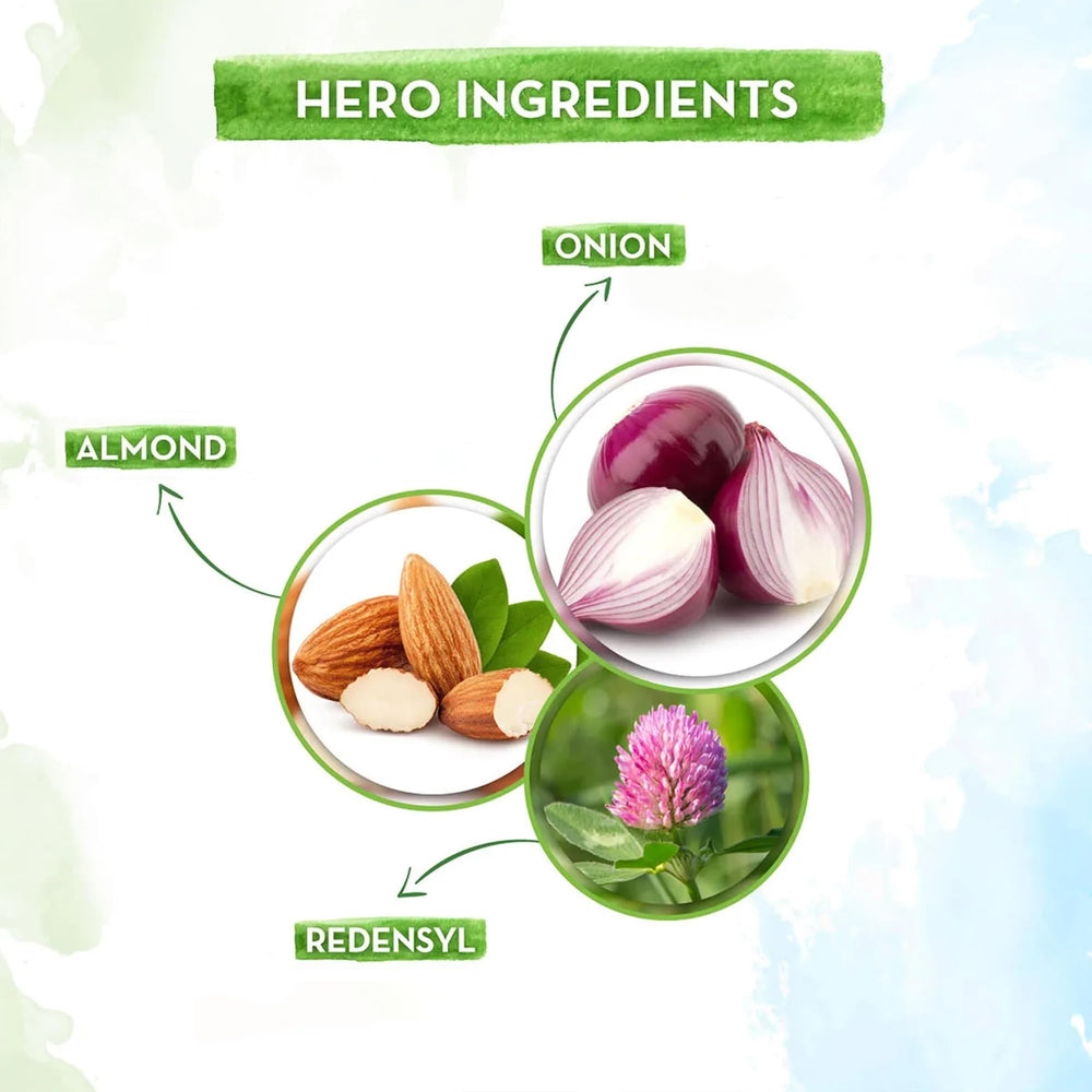 Product pack of Mamaearth Onion Hair Oil highlighting natural ingredients.