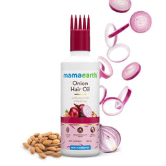 Pour of Mamaearth Onion Hair Oil showing smooth texture for easy scalp massage.