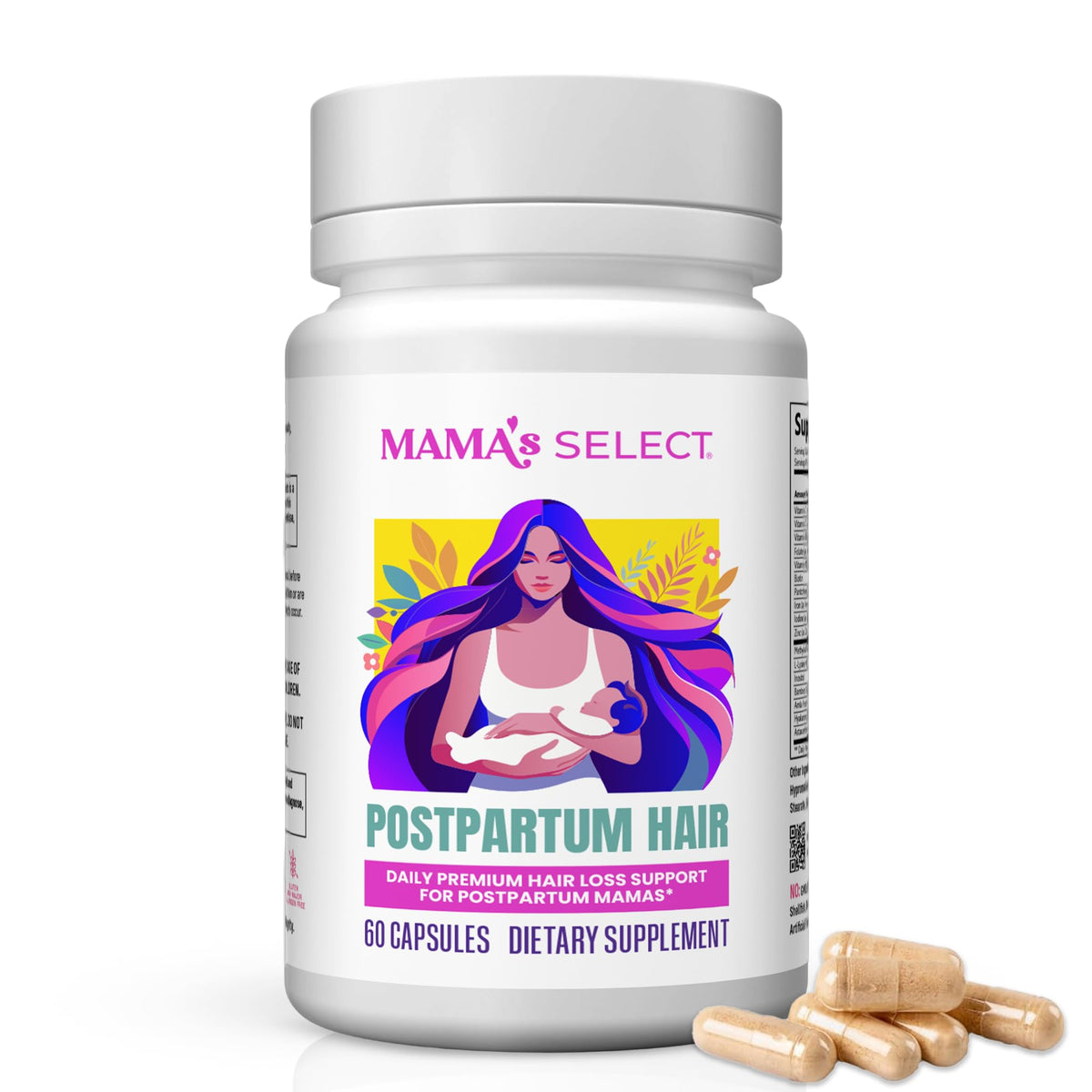Mama’s Select postpartum hair vitamins bottle closeup for targeted hair support.