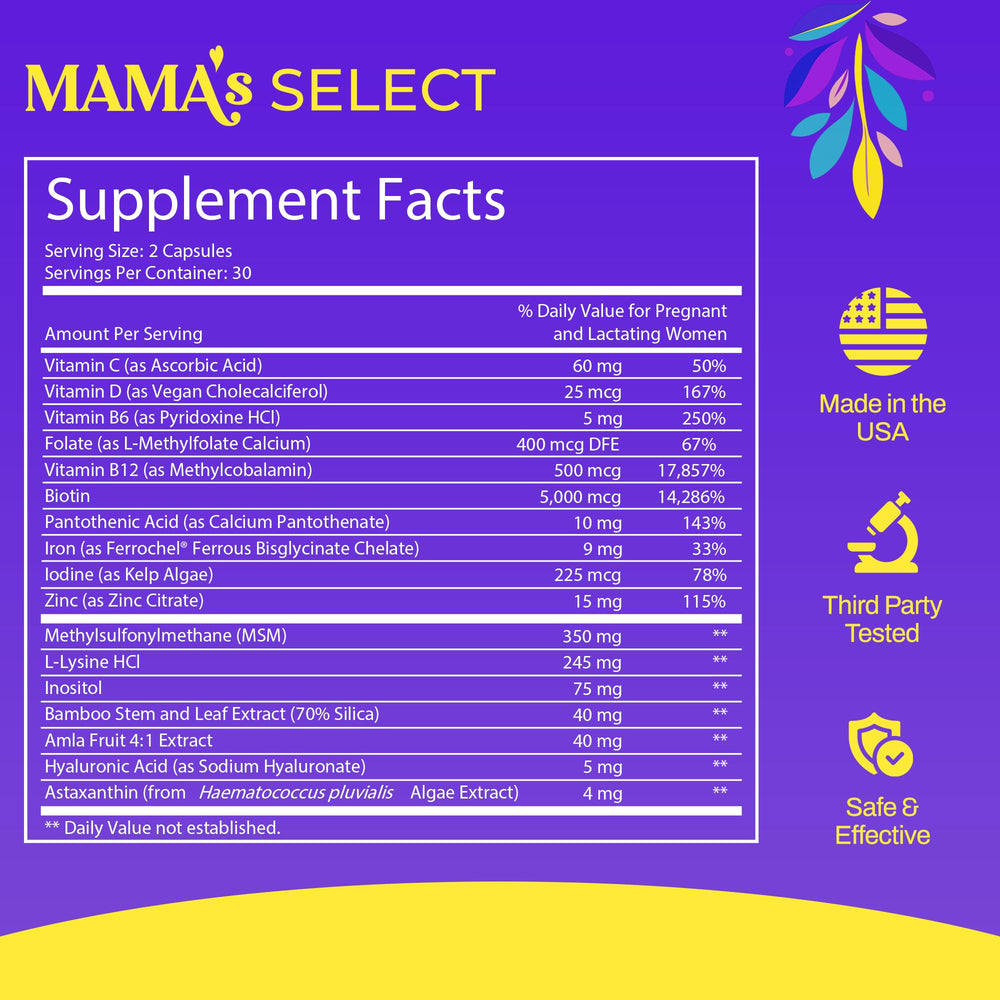 Mama’s Select capsules dispensed showing convenient daily hair nourishment.