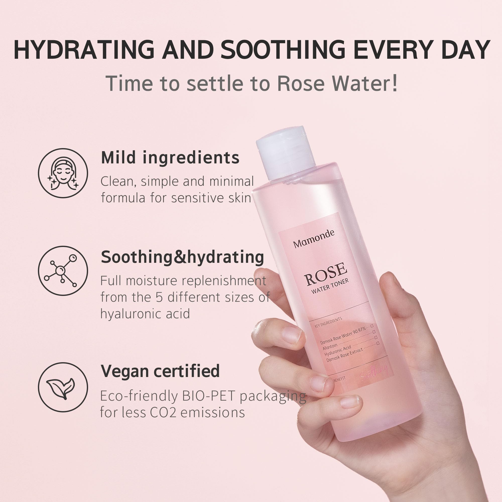 Mamonde Rose Water Toner damask rose petals close-up highlights calming, refreshing skincare.