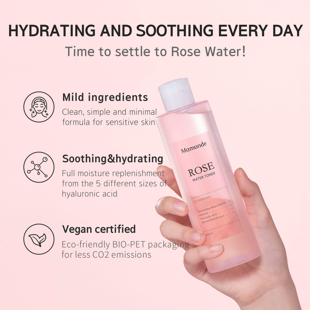 Mamonde Rose Water Toner damask rose petals close-up highlights calming, refreshing skincare.