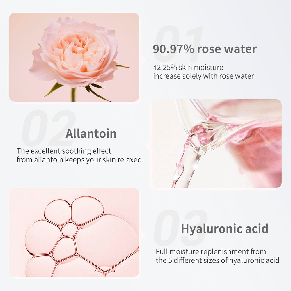 Mamonde Rose Water Toner moisture droplets close-up shows hydration boost potential.