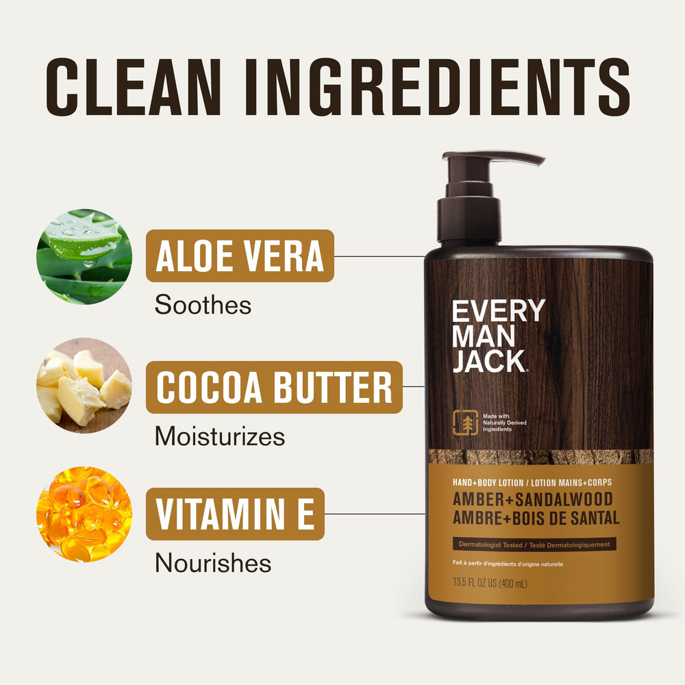 Every Man Jack man applying Amber + Sandalwood lotion outdoors