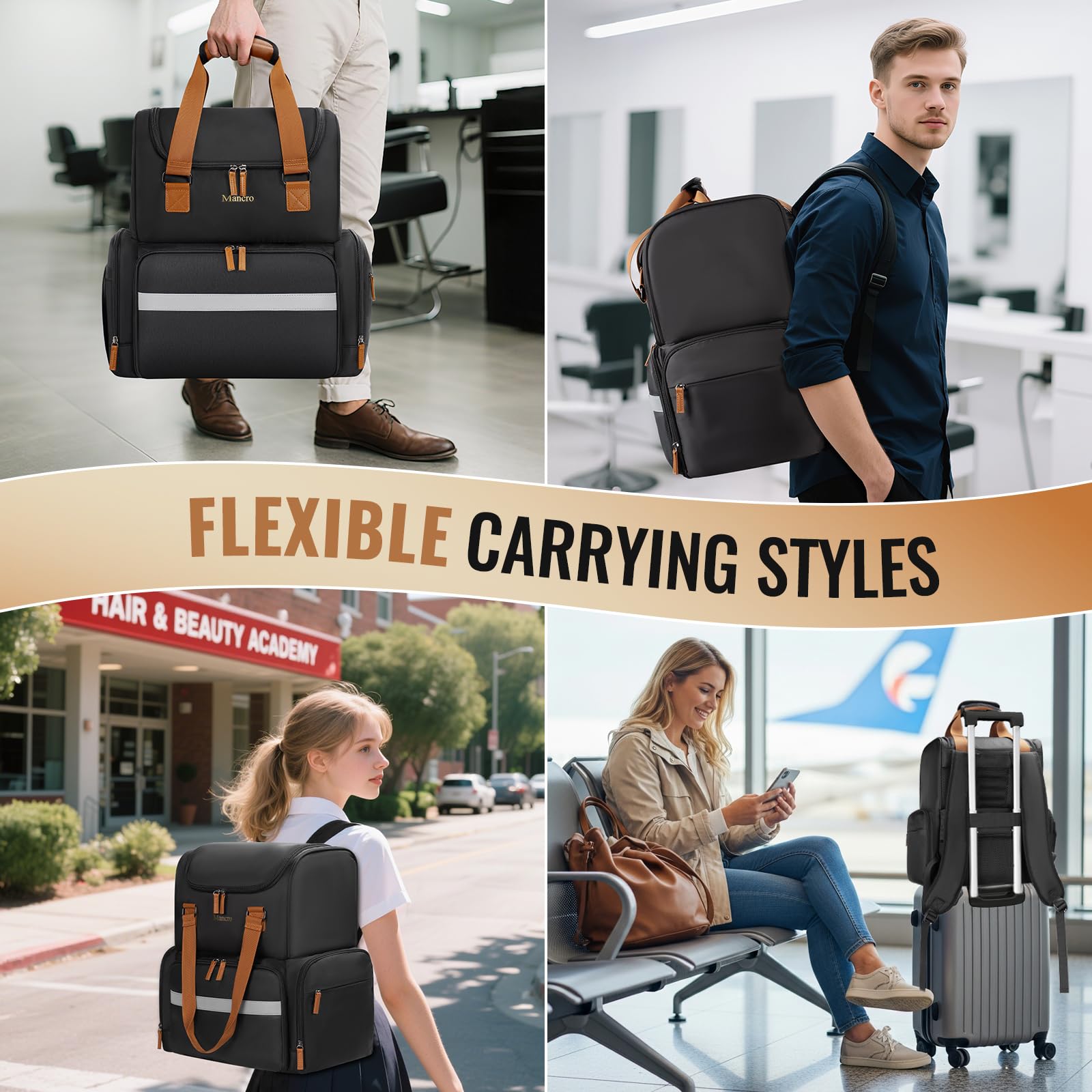 Mancro Hairstylist Travel Bag breathable back panel aids airflow during long days
