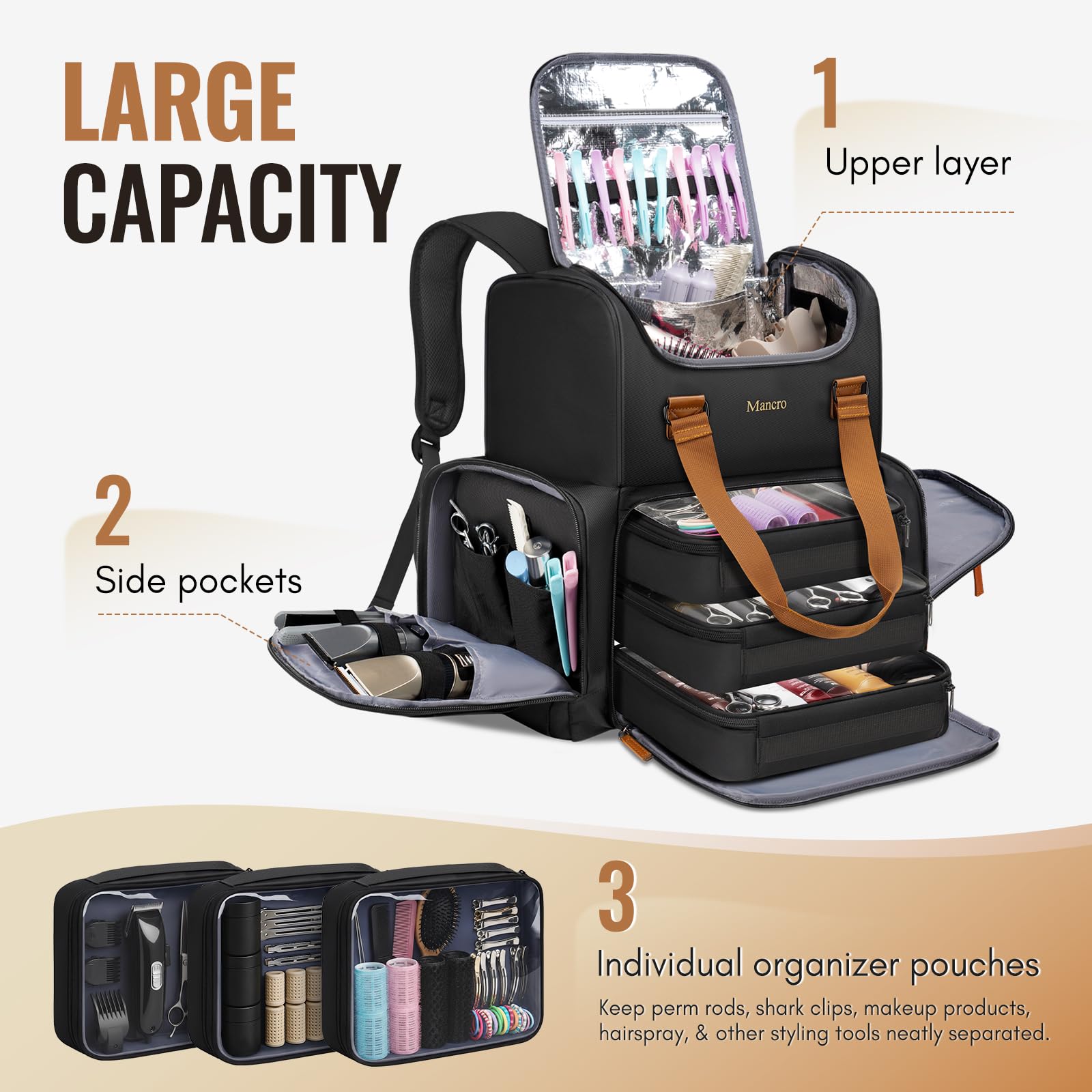 Mancro Hairstylist Travel Bag lower compartment stores pouches securely during travel